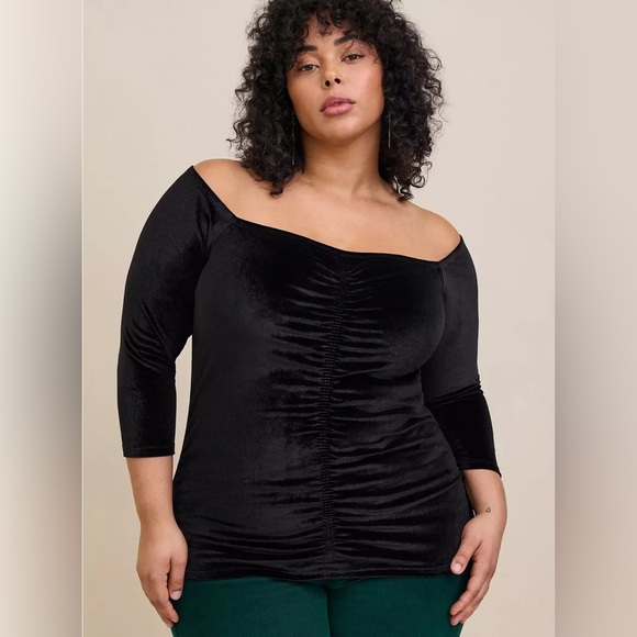 torrid Tops - Torrid Black Stretch Velvet Shirred Front Off The Shoulder Top Plus Size 2X